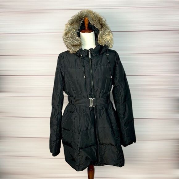 A Pea in the Pod Maternity Black Down Coat Jacket Hood with Faux Fur Trim sz L - Picture 2 of 10